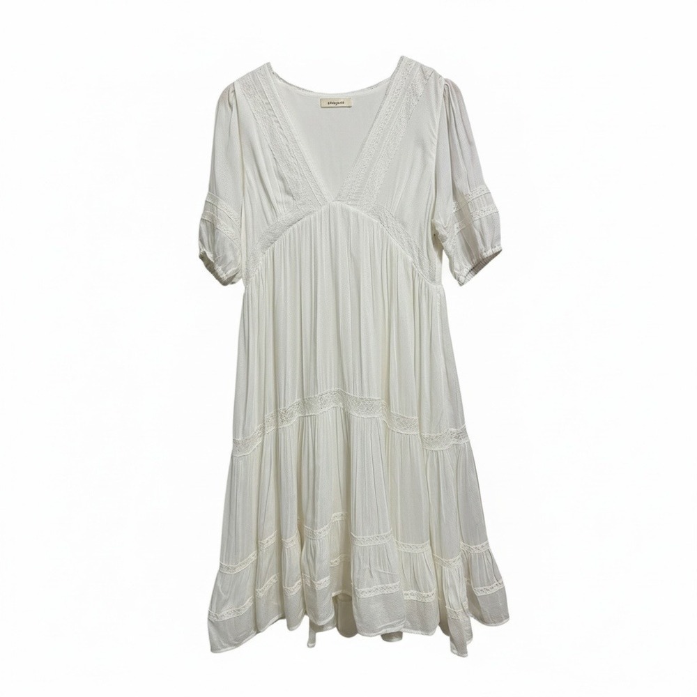 Paneros White Cottagecore Lace Tiered Boho Summer Dress Size S